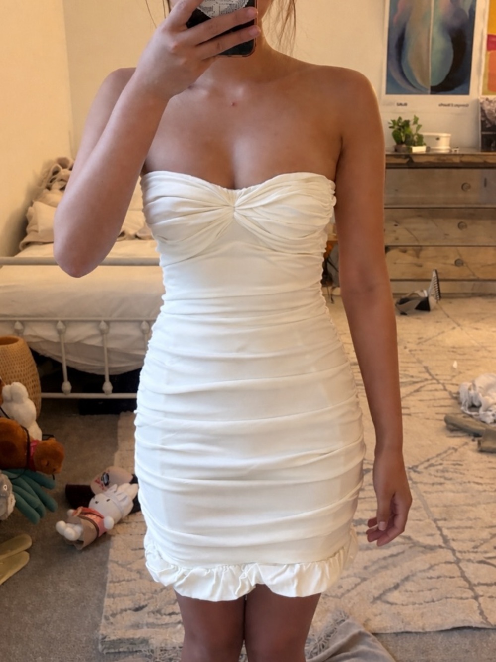 Zara Strapless Cream Ruched Mini Dress with Ruffle Hem